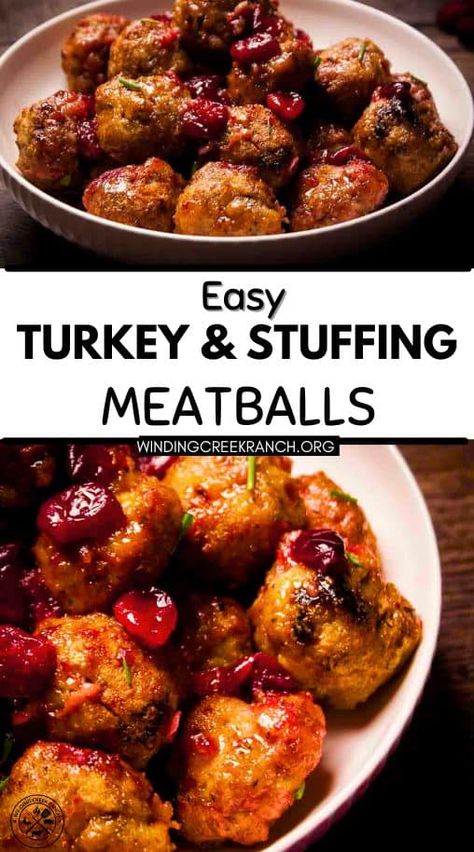 Transform holiday leftovers into something amazing! These tender turkey meatballs combine stuffing and ground turkey with a sweet-tart maple cranberry glaze. Perfect for entertaining or easy dinners - they're sure to become a new tradition! Cranberry Glazed Turkey Meatballs, Turkey And Stuffing Meatballs, Meatballs With Stuffing, Turkey Stuffing Meatballs, Easy Thanksgiving Turkey Recipes, Turkey Cranberry Meatballs, Thanksgiving Recipes For Kids, Make Ahead Side Dishes, Stuffing Meatballs