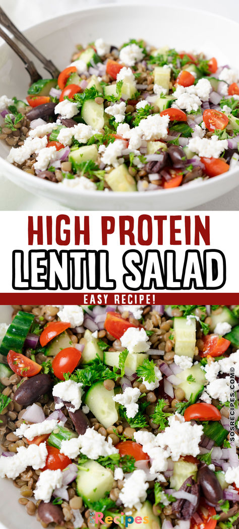 This hearty Mediterranean Lentil Salad is perfect as a lunch, side dish, or vegetarian main. Packed with cucumbers, tomatoes, olives, feta, and protein-rich lentils, you’ll love the flavors and textures! Pinterest Desserts, Mediterranean Lentil Salad, Protein Salads, Mediterranean Lunch, Lentil Salad Recipes, Protein Salad, Dried Lentils, Green Lentils, Lentil Salad