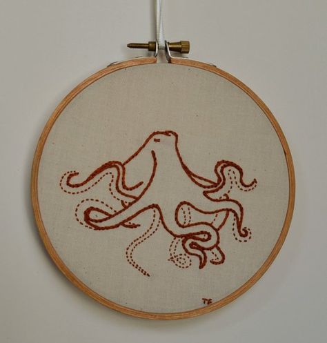 Octopus Embroidery, Ocean Themed Hoop Art, Nautical Animal Decor Octopus Embroidery, Embroidery Ocean, Stem Stitch, Wooden Embroidery, Wooden Embroidery Hoops, Yarn Thread, Shirt Embroidery, Running Stitch, Soft Purple