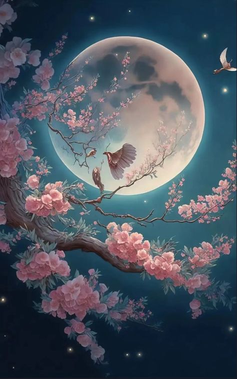 Painting Cherry Blossoms, Animal Backgrounds, Cherry Blossom Pictures, Painting Moon, Fantasy Art Couples, Beautiful Eyes Images, Painting Tool, Dreamy Artwork, Diamond Paintings