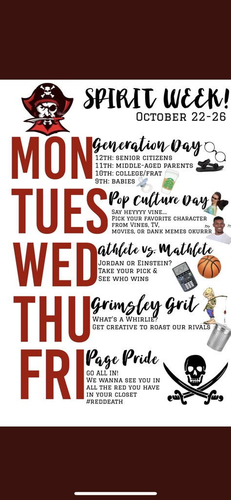 Page High School 2019 spirit week- made w Rhonna Designs Las Vegas Spirit Week, Hbcu Spirit Week Ideas, Homecoming Week Themes Days High School, College Spirit Week Ideas, High School Themes Spirit Weeks, Homecoming Spirit Week Posters, School Spirit Week Posters, Homecoming Days Spirit Weeks, Senior Week Ideas High School