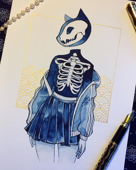 A Drawing, A Cat, Skeleton, Pen, Blue, Art