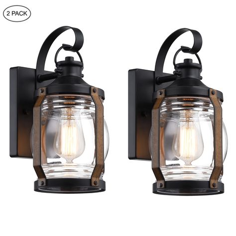 2-Pack 1-Light 11.84-in Outdoor Wall Light with Black and Barnwood - Bed Bath & Beyond - 39594540 Front Porch Lights Fixtures, Farmhouse Porch Lights, Outdoor Farmhouse Lighting, Exterior Porch Lights, Wall Mount Light Fixtures, Wood Wall Light, Turquoise Bedding, Farmhouse Wall Sconces, Clear Bottle