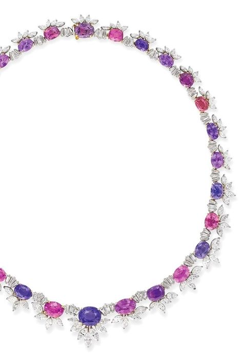 ~ Twenty-eight oval-cut purple and pink sapphires, baguette and marquise-cut diamonds, platinum and gold, 42.5 cm: COLOURED SAPPHIRE AND DIAMOND NECKLACE. GIA, 2015, 13 reports: 3.17 to 1.43 carats, no indications of heating; AGL, 2014 & 2015, 15 briefs: 4.82 to 1.57 carats, no gemological evidence of heat. Sapphire Choker, Colorful Necklaces, The Bling Ring, Cowry Shell, Fancy Design, Expensive Jewelry Luxury, Tanzanite Jewelry, Purple Sapphire, Jewelry Luxury