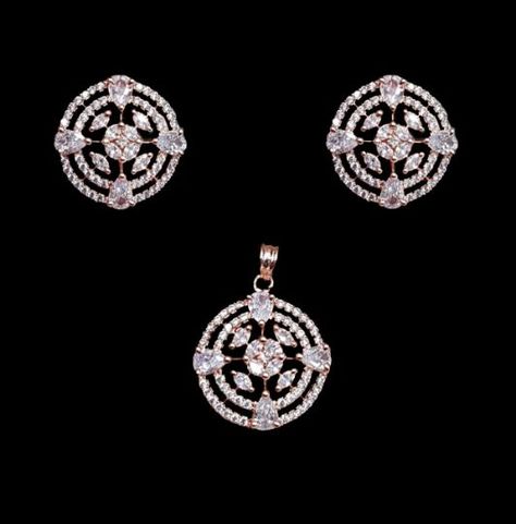 Rose Gold Plated Clear Mini Pendant Set Cubic Zirconia CZ Evening Cocktail American Diamond Floral Design Fashion Imitation Jewelry Big Earrings Gold, Ear Tops, Beautiful Jewelry Diamonds, Diamond Locket, Locket Design, Diamond Bracelet Design, Diamond Pendent, Diamond Pendants Designs, Diamond Earrings Design