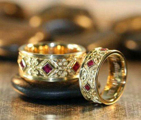 Looks medieval Ruby Wedding Ring Set, Celtic Wedding Ring Sets, Wedding Bands For Men, Ruby Wedding Band, Ruby Wedding Rings, Celtic Wedding Rings, Ruby Wedding, Celtic Wedding, Matching Wedding Bands