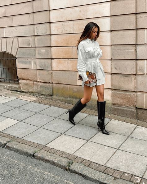 White Shirt Dress With Boots, Button Down Shirt Dress With Boots, Shirt Dress With Boots, Button Dress Outfit, Dress Knee High Boots, Asos Outfit, Knee High Boots Dress, Wrap Shirt Dress, Shirt Dress Outfit