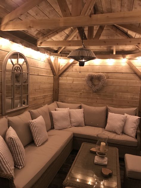 Homemade wooden gazebo, garden lights, outdoor sofa, outdoor seating, alfresco lounging Design Per Patio, Summer House Interiors, Gazebo Garden, Gardening Services, Sofa Outdoor, Patio Deck Designs, Wooden Gazebo, Backyard Seating, Garden Gazebo