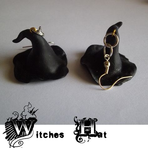 Polymer Clay Witch Hat Earrings, Polymer Clay Witch Hat, Goth Polymer Clay, Halloween Polymer Clay Ideas, Polymer Clay Witch, Fimo Halloween, Clay Halloween, Polymer Clay Halloween, Halloween Clay