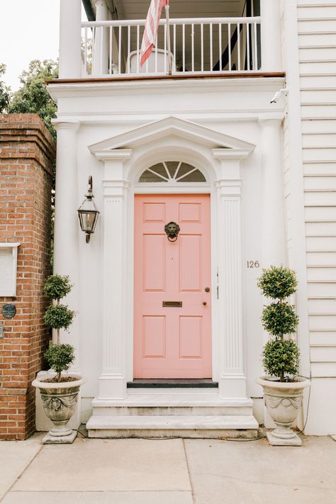 The prettiest houses in Charleston. We couldn't help but snap as many pictures as we could #Pink Coral House, Best Front Door Colors, Pink Front Door, Best Front Doors, Pink Paint Colors, Front Door Paint Colors, Door Colors, Wood Exterior Door, Gorgeous Doors