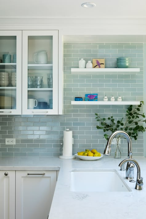 Light Green Subway Tile, Green Subway Tile Backsplash, White Stone Countertops, Light Blue Backsplash, White Modern Farmhouse Kitchen, Blue Tile Backsplash Kitchen, Green Kitchen Backsplash, Blue Backsplash Kitchen, Blue Kitchen Tiles