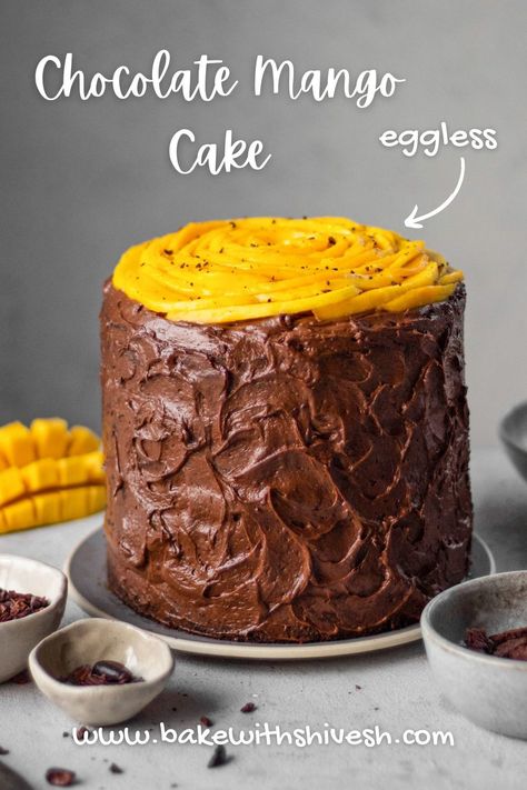 It’s officially the season of mangoes and this pairing of chocolate with mango is a marriage made in heaven. Dark notes of chocolate with the sweet, citrus flavors of mango take this dessert to a whole new level. This cake is special for any celebration, or for a simple night-in with family. Mango Chocolate Cake, Mango Cake Recipe, Lemon Chiffon Cake, Mango Chocolate, Eggless Cakes, Meringue Frosting, Chocolate Cream Cheese Frosting, Mango Dessert, Canned Frosting