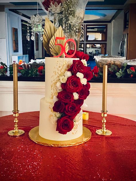 Red roses with gold cascade. Two Tier birthday cake Elegant 50th Birthday Cake, Red And Gold Birthday Cake, Two Tier Birthday Cake, 50th Birthday Cake For Women, Tier Birthday Cake, Leopard Birthday, Tiered Cakes Birthday, Golden Cake, Gold Birthday Cake