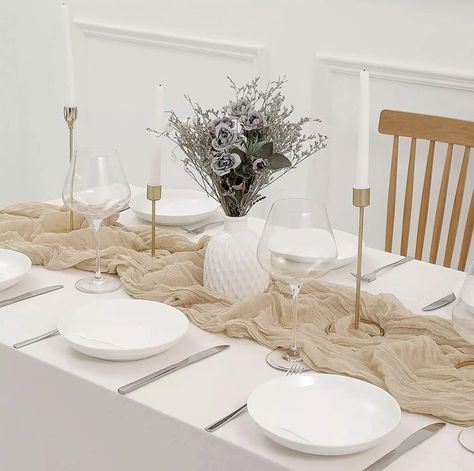 PRICES MAY VARY. Polyester Premium Quality Material: Made from high-quality 100% premium polyester material, our soft and flowy cheesecloth table runner and napkins will give your table a natural and rustic boho look. Wrinkle Sheer Gauze Design: The elegantly shimmering pieces have exquisite craftsmanship with natural pleats, creating a delicate and romantic atmosphere at any event, including weddings, parties, and birthdays. Versatile and Reusable: Our extra-long table runner is 90 inches (10ft Dining Room Dresser, Party Cake Table, Wedding Party Table Decorations, Wedding Runner, Bohemian Table, Boho Table Runner, Tafel Decor, Romantic Table, Wedding Party Table