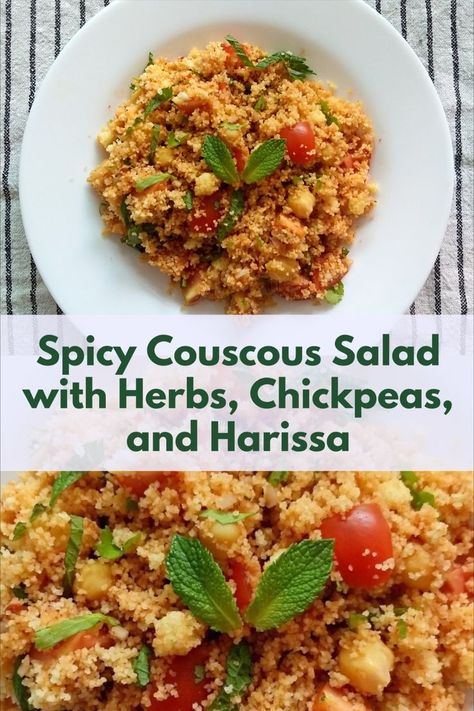 A harissa dressing spices up this couscous salad and fresh herbs bring loads of flavor. Couscous Salad With Chickpeas, Harissa Dressing, Spicy Couscous, Salad With Chickpeas, Couscous Salad, Tomato Vegetable, Chickpeas, Couscous, Fresh Herbs