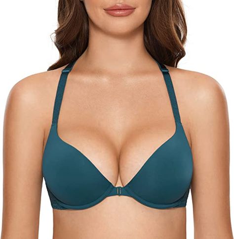 DOBREVA Women's Front Fastening Bras Push Up Plunge Lace Racer Back T-Shirt Bra Padded Underwired Pushup Bras, Front Closure Bras, Front Fastening Bras, Bra Outfit, Front Closure Bra, Pretty Bras, African Fashion Women Clothing, Deep Plunge, Beautiful Bra