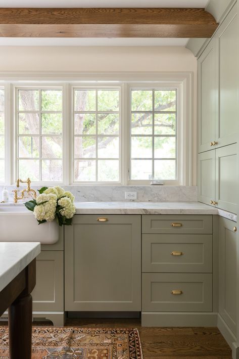 An English-Inspired Salt Lake City Remodel - The Interior Collective Pigeon By Farrow And Ball Cabinets, Southern Home Color Palette, Light Green And White Kitchen, Realistic Interior Design, Cape House Kitchen, Foxhall Green, Grandmillenial Kitchen, Cape Cod Kitchen, Blue Green Kitchen