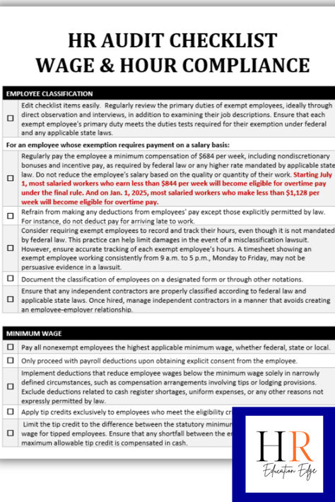 The HR Audit Checklist: Wage and Hour Compliance is a practical tool designed to help HR professionals ensure adherence to key employment laws. This human resource checklist covers essential areas such as FLSA classification, overtime rules, minimum wage requirements, and hourly employee classifications and more! Employment Law, Human Resource, Minimum Wage, Human Resources, Tool Design, Key, Human