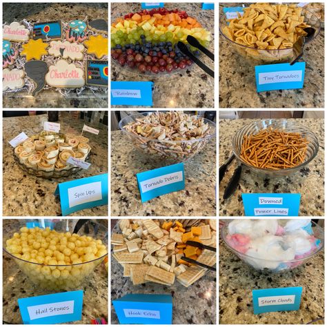 Twonado Party Food Ideas! #twonado #twonadoparty #tornado #tornadoparty #partyfoodideas #themedfood #weatherthemed #weather #2ndbirthdayparty 2 Nado Birthday Party, Tornado Party Food Ideas, Twisters Birthday Party, Tornado Themed Snacks, 2nado Birthday, Tornado Food Ideas, Twonado Cookies, Weather Party Food, Two Nado Birthday Party Decorations