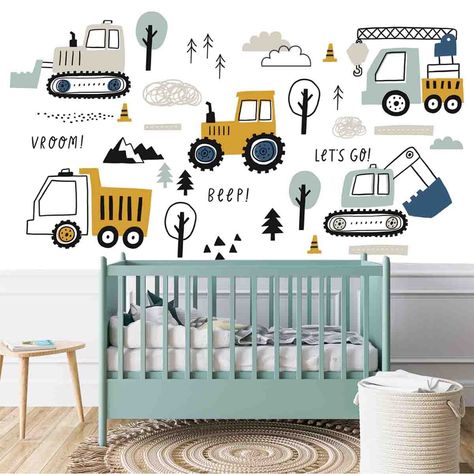 Every little boy loves dump trucks and tractors! Make your little ones nursery so cute with this truck theme! Please message for custom sizes if you do not see the size you need. Excavator Wallpaper, Construction Nursery Theme, Truck Nursery Theme, Tractor Room, Construction Nursery, Truck Nursery, Living Room Murals, Baby Boy Themes, Wallpaper Nursery