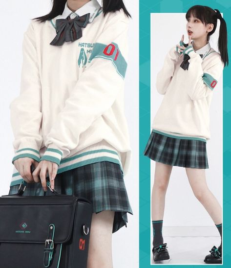 Hatsune Miku school uniform backpack shoes socks bowtie button down shirt Cosplay cute soft elegant sweater Kawaii School Uniform, Hatsune Miku Outfits, Uniform Sweater, Punk Style Outfits, Miku Cosplay, School Uniform Fashion, Cosplay Cute, Elegant Sweater, Shoes Socks