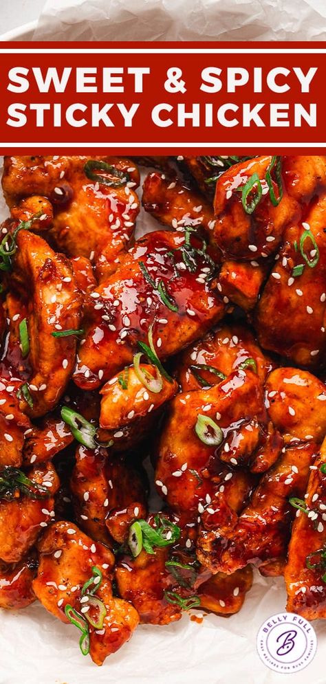 Sweet & Spicy Sticky Chicken l Belly Full Spicy Sweet Chili Chicken, Ruby Chicken Recipe, Fee Ingredient Dinners, Spicy Chicken Bowl Recipe, Bonchon Chicken Recipe Spicy, Asian Dishes With Chicken, Chicken Thigh Korean Recipe, Asian Chicken Dinner Recipes, House Special Chicken