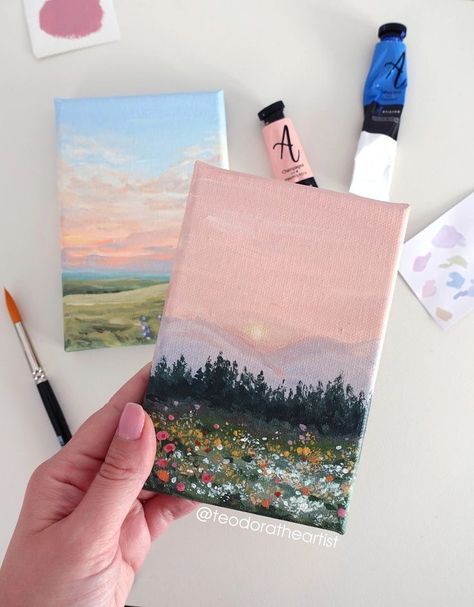 Watercolor In Canvas, Easy Flower Landscape Painting, Paintings On Tiny Canvases, Cute Artwork Ideas, Dainty Painting Ideas, Mini Nature Paintings, Pink Sunset Painting Acrylic, Small Paintings Ideas, Easy Small Paintings