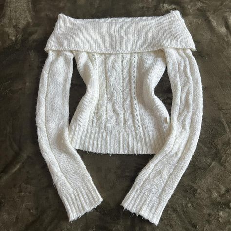 Coquette off-shoulder white sweater. Cream/white... - Depop Vintage White Sweater, Knitted White Sweater, White Off Shoulder Sweater Outfit, Cutesy Outfits, Coquette Sweater, Cutesy Outfit, Coquette Clothes, Digital Wardrobe, Outfit Inso