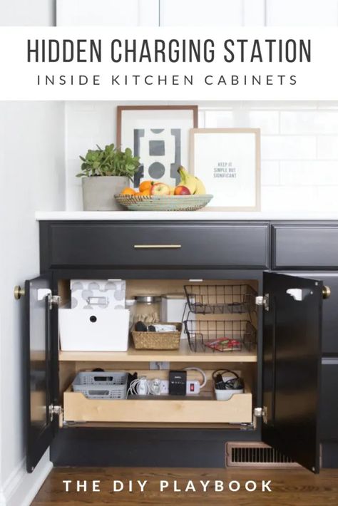 How to Create a Hidden Computer Charging Station | The DIY Playbook Charging Station Kitchen, Hidden Charging Station, Hidden Computer, Inside Kitchen Cabinets, Charging Station Organizer, Dining Room Cabinet, Diy Playbook, Pantry Closet, Inside Cabinets