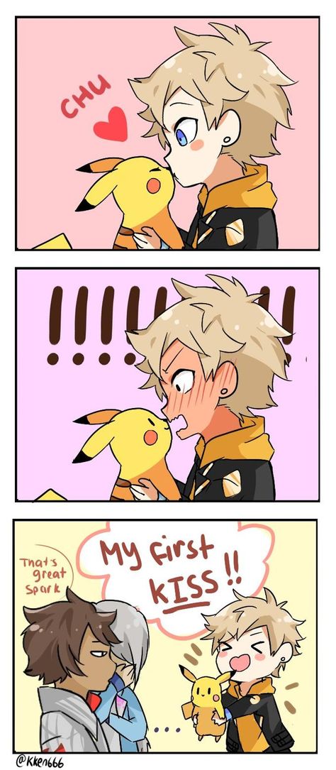 Spark's first kiss Ash X Pikachu, Pokemon Go Teams Leaders, Gijinka Pokemon, Team Valor, Team Mystic, Team Instinct, Toy Bonnie, Cute Pikachu, Pokemon Comics