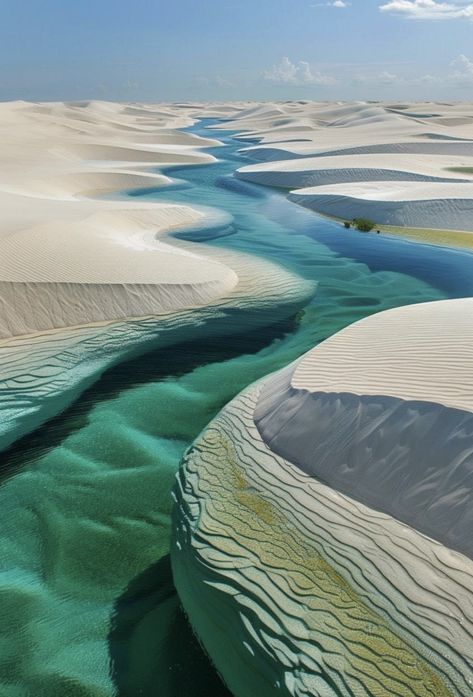 Sand dune pools at Lençóis Maranhenses, Brazil.  Photographer unknown. Brazil Vacation, Travel Brazil, Hidden Oasis, Island Town, 500 Miles, Traditional Landscape, Beaches In The World, American Country, Blue Skies