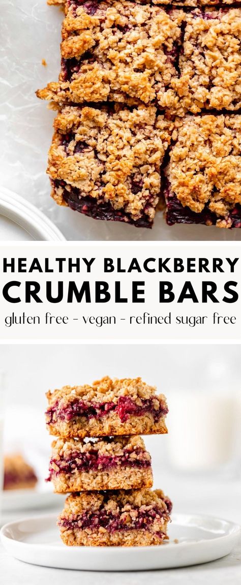 These healthy Blackberry Oat Crumb Bars are an easy, delicious, healthy dessert or snack! They are made with only 7 ingredients and only 10 minutes of prep time. Plus, they are gluten free, vegan-friendly, and have no refined sugar! #glutenfree #vegan #refinedsugarfree #blackberry #crumblebars #blackberryrecipe #bakedambrosia | bakedambrosia.com No Refined Sugar Desserts, No Sugar Desserts, Healthy Calories, Blackberry Crumble, Crumb Bars, Blackberry Recipes, Crumble Bars, Oat Bars, Free Snacks