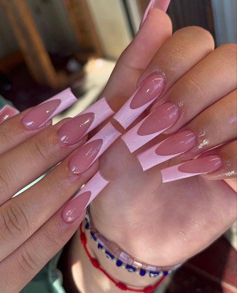 Pink French Tip Nails V Shape, White And Pink Coffin Nails, Pinkish French Nails, Pink On Pink Acrylic Nails, Baby Pink Nail Inspo Acrylic, All Pink French Tip Nails, Pink Nail Coffin, Double Pink French Tip Nails, Kylie Jenner Nails Acrylics