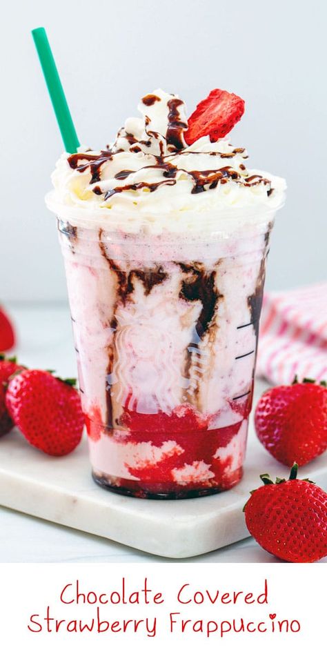 Chocolate Covered Strawberry Frappuccino -- What's more delicious than a chocolate covered strawberry? A Chocolate Covered Strawberry Frappuccino! You'll find this pretty frozen drink on the secret menu at Starbucks, but it's also easy to make a copycat version at home! via @wearenotmartha Chocolate Covered Strawberry Frappuccino Starbucks, Chocolate Covered Strawberry Frappuccino, Chocolate Strawberry Frappuccino, Chocolate Covered Strawberry Starbucks Drink, Strawberry Frappuccino Recipe, Mocha Syrup Recipe, Strawberry Starbucks Drink, Frappe Recipes, Frappuccino Recipes