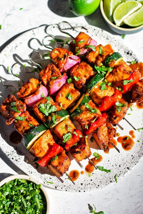 Miso Butter Tofu Skewers Vegan BBQ Vegan Kebab, Tofu Skewers, Butter Tofu, Air Fryer Tofu, Vegan Bbq Recipes, Miso Butter, Vegan Party Food, Miso Paste, Purple Onion