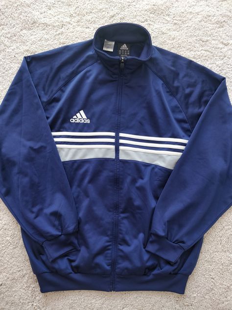 Adidas Track Jacket Outfit, Adidas Jacket Outfit, Adidas Sweatshirt Mens, Blue And White Outfits, Adidas Hoodie Mens, Navy Blue Sweatshirt, Adidas Vintage, Adidas Track Jacket, Striped Sweatshirts