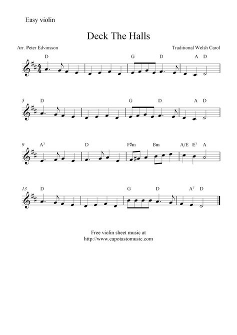 Easy Sheet Music For Beginners: Deck The Halls, free Christmas violin sheet music notes Christmas Violin, Beginner Sheet Music, Sheet Music Violin, Recorder Sheet Music, Free Violin Sheet Music, Viola Music, Free Printable Sheet Music, Sheet Music For Beginners, Christmas Songs Lyrics