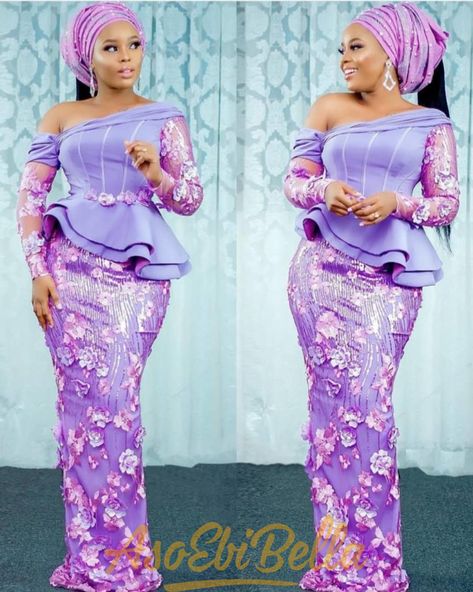 Purple Aso Ebi, Evening Dresses Purple, Latest Lace Styles, Lace Asoebi Styles, Long Sleeve Mermaid Prom Dress, Lace Skirt And Blouse, Nigerian Lace Dress, Aso Ebi Lace, Puffy Long Sleeves