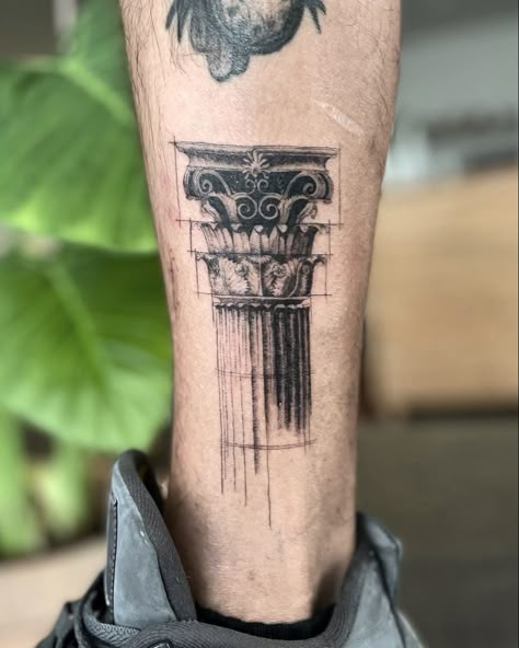 Greek Shin Tattoo, Greek Collums Tattoo, Greek Colloseum Tattoo, Arcitechture Tattoos, Roman Tatoos Men, Greek Sleeve Tattoo For Men, Greek Columns Tattoo, Ionic Column Tattoo, Roman Pillar Tattoo