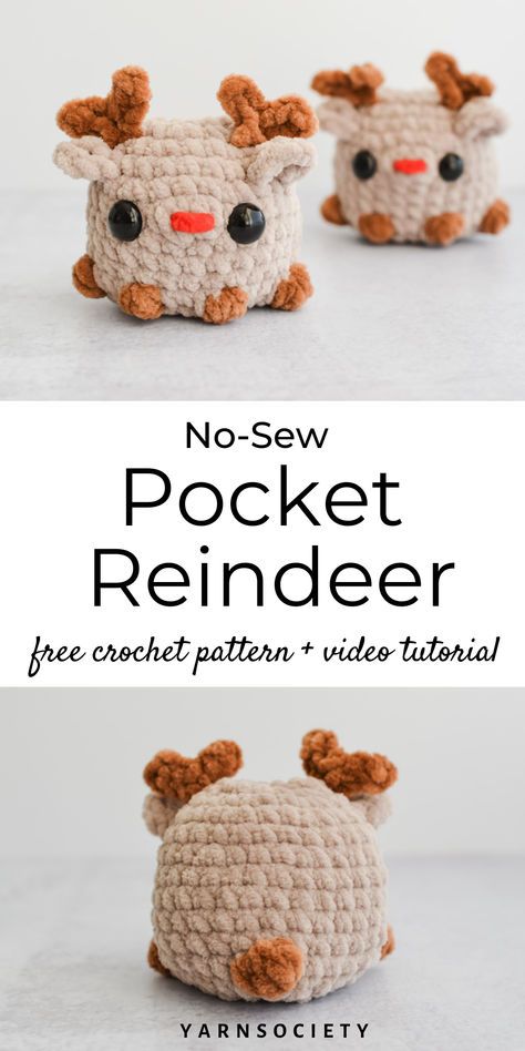 This no-sew crochet Pocket Reindeer is ready to spread joy and cheer all season long! Right and left hand video crochet tutorial available. Crochet Reindeer Pattern, Reindeer Crochet Pattern, Hand Video, Crocheted Stuffed Animals, Reindeer Crochet, Crochet Reindeer, Crochet Pocket, Reindeer Pattern, Crocheted Animals