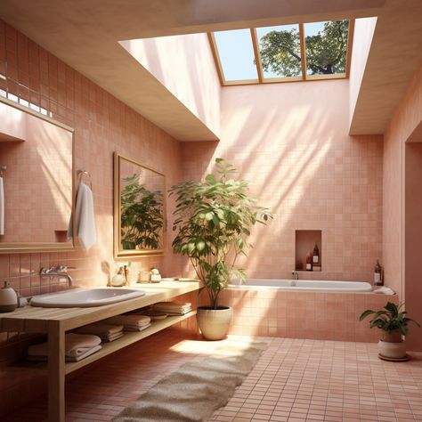 Terracotta Pink Bathroom, Arch Bathroom, Mediterranean Interior Design, Mediterranean Interior, Natural Bathroom, Highland Homes, Bedroom Bed Design, Mediterranean Home, Bathroom Inspiration Decor