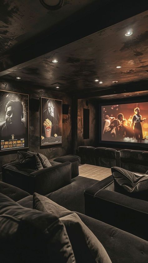 Elegant home cinema room with plush seating, ambient lighting, and iconic movie posters for a cozy and immersive movie-watching experience. Cozy Movie Room, Basement Movie Room, Home Cinema Room, Iconic Movie Posters, Sofa Seating, Backyard Pavilion, Home Theater Design, Plush Sofa, Cinema Room