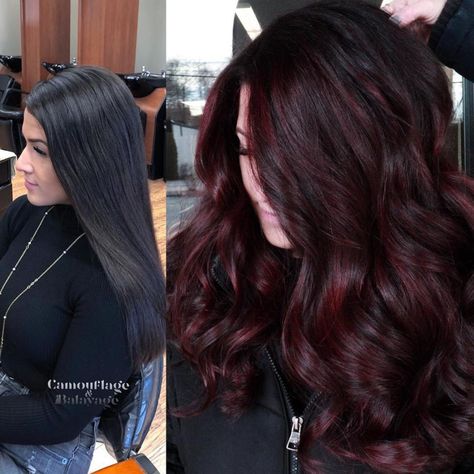 Black to Deep Burgundy Makeover Burgundy Hair Dark, Pelo Color Borgoña, Pelo Color Vino, Shades Of Burgundy Hair, Dark Burgundy Hair, Burgundy Balayage, Burgundy Hair Color, Wine Hair Color, Dark Red Hair Color