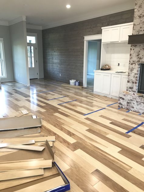 My modern farmhouse. Natural Hickory floor. Hickory Floors Living Room, Natural Hickory Floors, Hardwood Upstairs, Farmhouse Staircase Decor, Wheelchair House, Hickory Floor, Modern Farmhouse Staircase, Modern Farmhouse Flooring, Hickory Floors