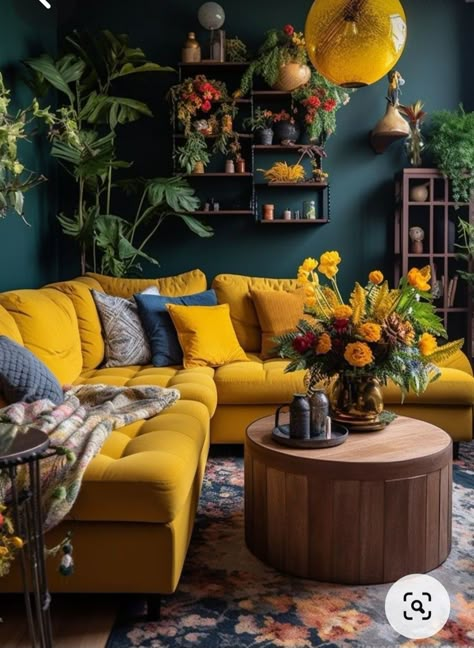 Green Mustard Living Room, Living Room Yellow Couch, Electric Living Room, Mustard Living Rooms, Living Room Color Combination, Yellow Couch, Room Color Combination, Colourful Living Room Decor, Latest Living Room Designs