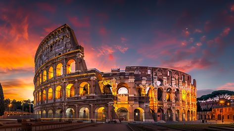 Colosseum Sunset View: The Colosseum in Rome, Italy, stands majestic under a breathtaking sunset, casting warm hues over the ancient structure. #colosseum #sunset #rome #italy #history #aiart #aiphoto #stockcake ⬇️ Download and 📝 Prompt 👉 https://stockcake.com/i/colosseum-sunset-view_897774_314995 Colleseum Rome, Rome Sunset, Italy Tourist, Rome Italy Colosseum, Rome History, Rome Colosseum, Italy History, Colosseum Rome, Evening Sunset