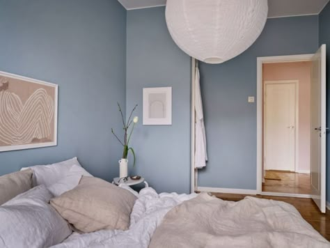 White Bed Blue Walls Bedroom Ideas, Medium Blue Walls Bedroom, Blue Walled Bedroom Ideas, Light Blue Wainscoting Bedroom, Bedroom Pale Blue Walls, Lulworth Blue Bedroom, Medium Blue Bedroom Walls, Beige White Blue Bedroom, Light Blue Bedroom Walls Colour Schemes