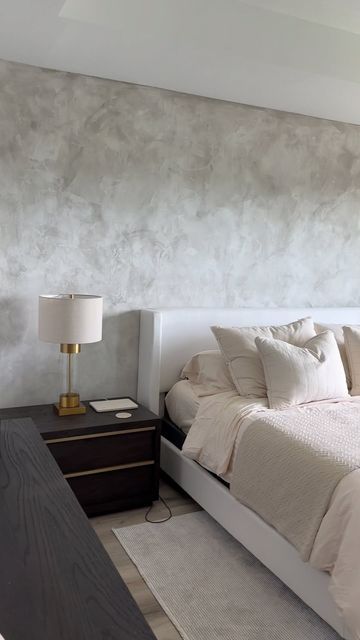 Cement Room Bedrooms, Like Wash Walls Bedroom, Limewash Bedroom Decor, Clay Wall Bedroom, Grey Lime Wash Wall, Venetian Plaster Accent Wall, Limewash Interior Design, Limewash Walls Interiors Bedroom, Concrete Wallpaper Bedroom