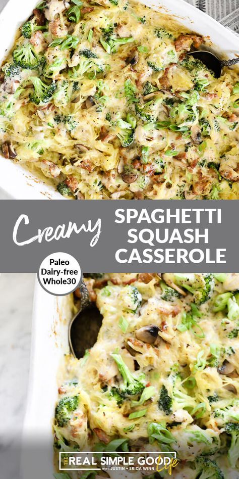 Creamy Garlic Spaghetti Squash, Creamy Garlic Spaghetti, Paleo Spaghetti Squash Casserole, Whole 30 Spaghetti Squash, Whole30 Casserole, Garlic Spaghetti Squash, Broccoli And Sausage, Creamy Coconut Sauce, Sausage And Spaghetti Squash