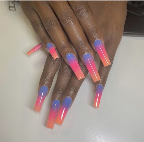 Triple Ombre Nails, Ombre Nails Three Colors, Pink And Yellow Ombre Nails Acrylic, Pink And Orange Ombre Nails Art Designs, Purple To Orange Ombre Nails, Pink And Purple Gradient Nails, Purple Pink Orange Ombre Nails, Ombre Nail Colors, Ombre Nail Designs